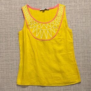 Boden Yellow Sleeveless Embroidered Scoop Neck Linen Top